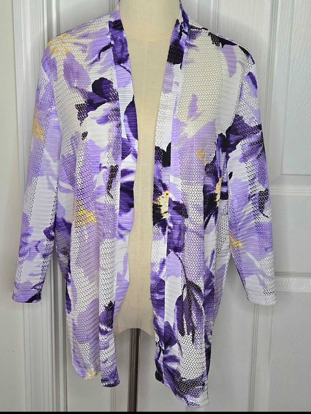 Chico's Easywear Purple White Floral Open Front Jacket Cardigan Plus Size 3